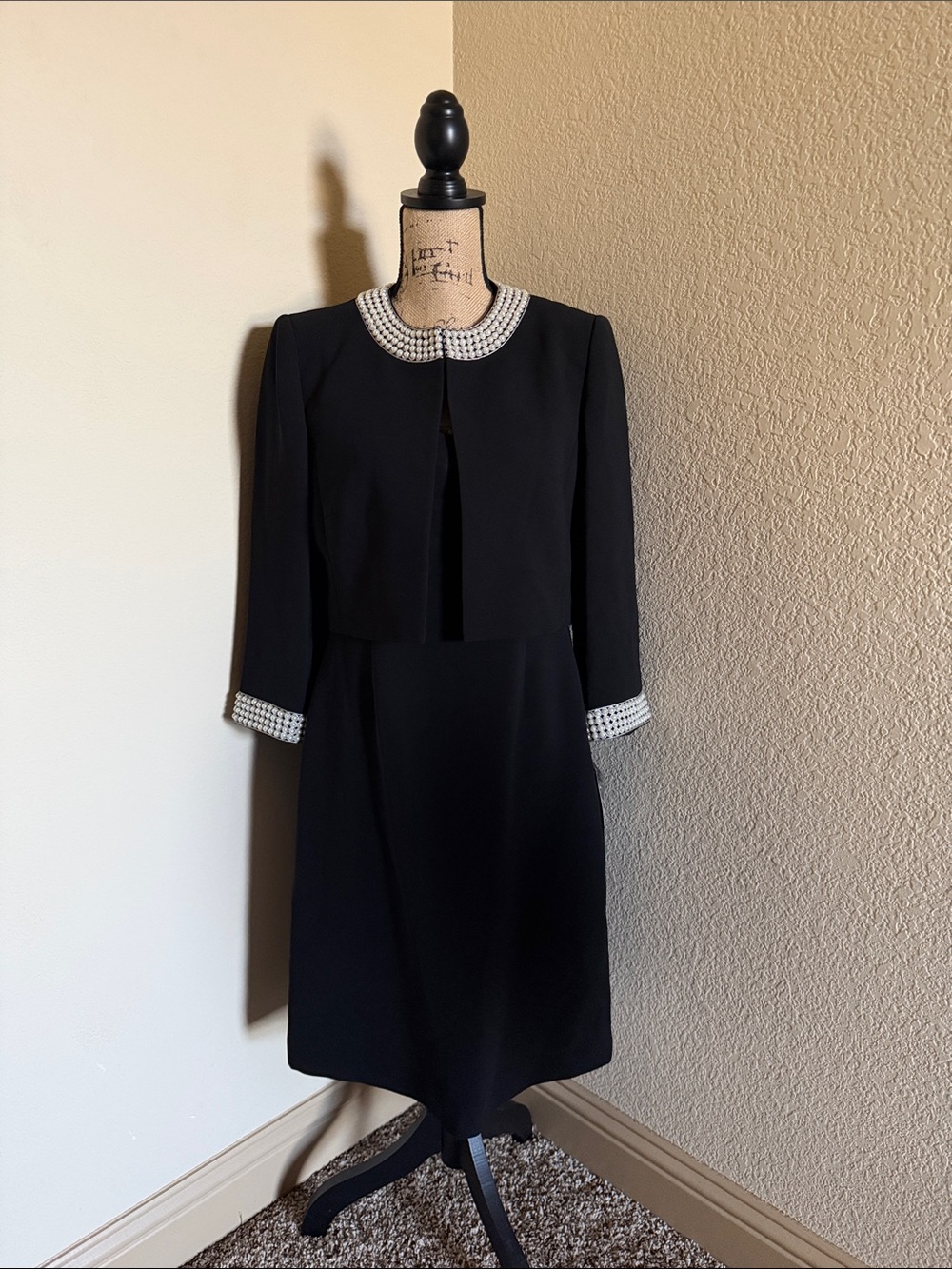 Classic Black Dress and Jacket with Pearl-Trim Collar and Cuffs